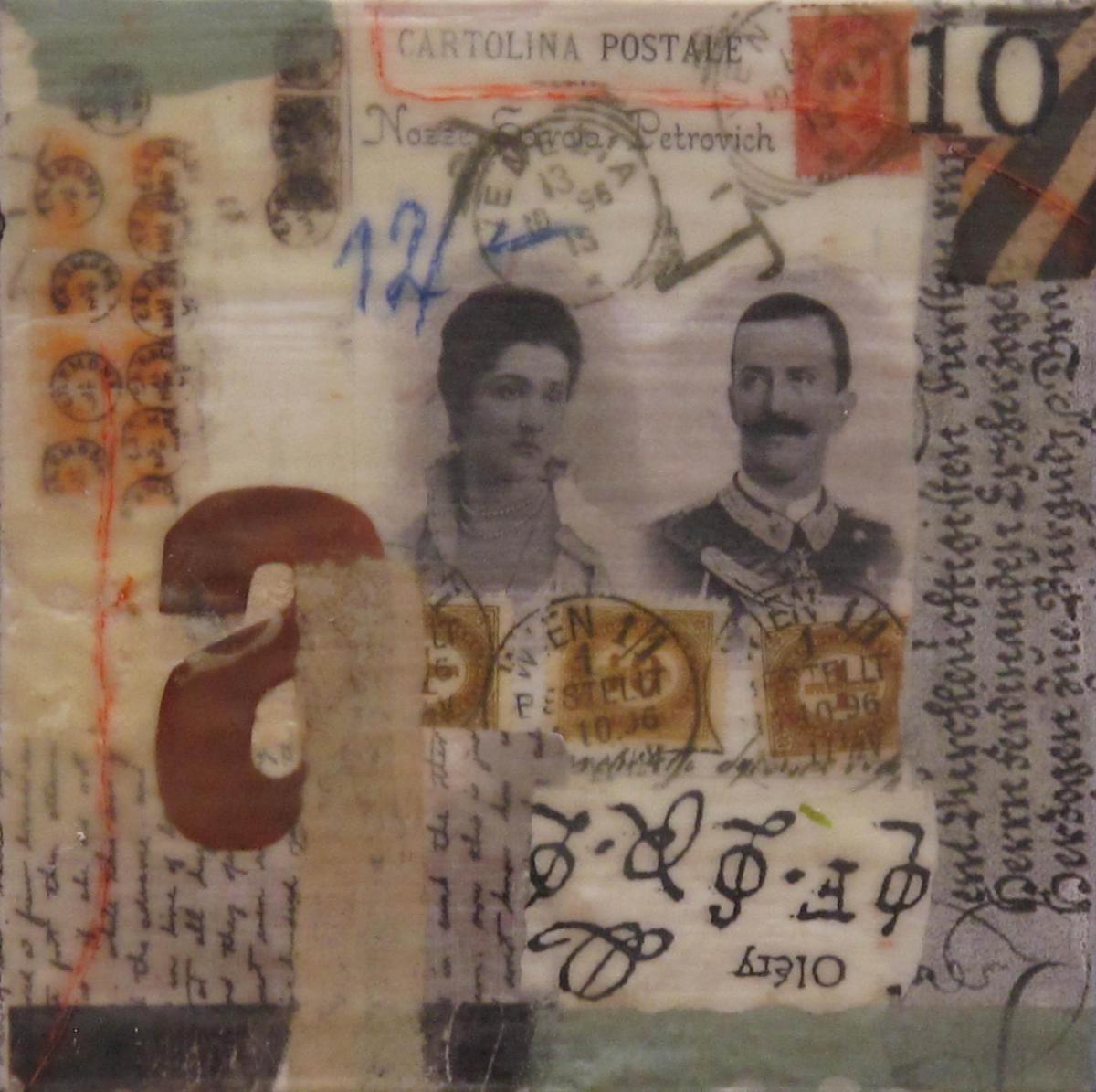 Zahlenwürfel IV, 2011, Acryl, Collage, Wachs auf Holz, 20 x 20 cm